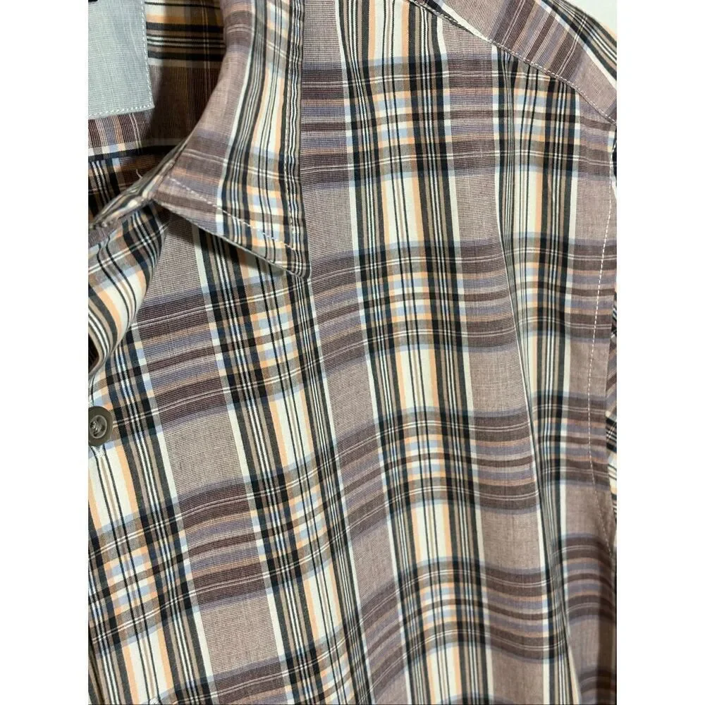 Banana Republic tan and black plaid cotton button down shirt - L